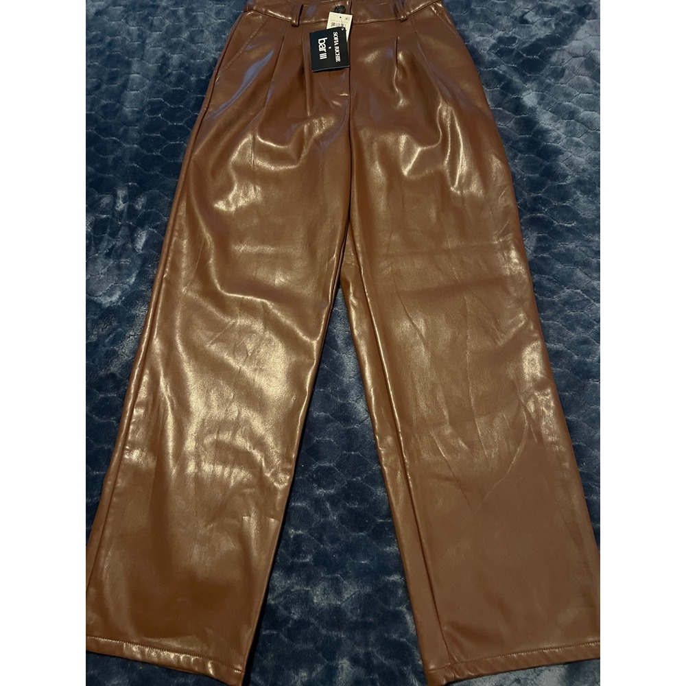 Sofia Richie x Bar III Faux Leather Pants Womens 0 Brown New High Waist Pleated